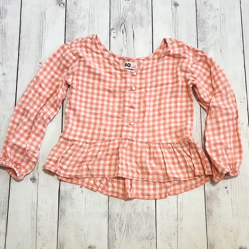 SO Girls Small 7 Pink and white checkered Blouse.